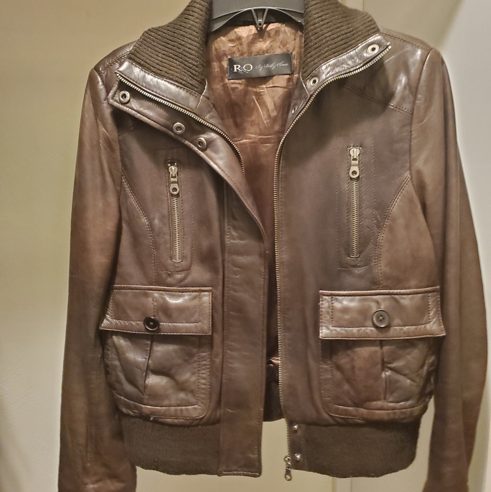 Brown leather bomber jacket